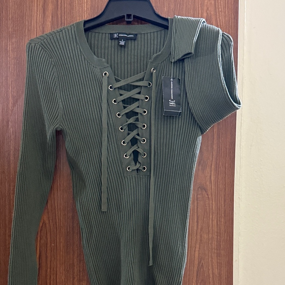 INC International Concepts Olive Lace-Up Sweater